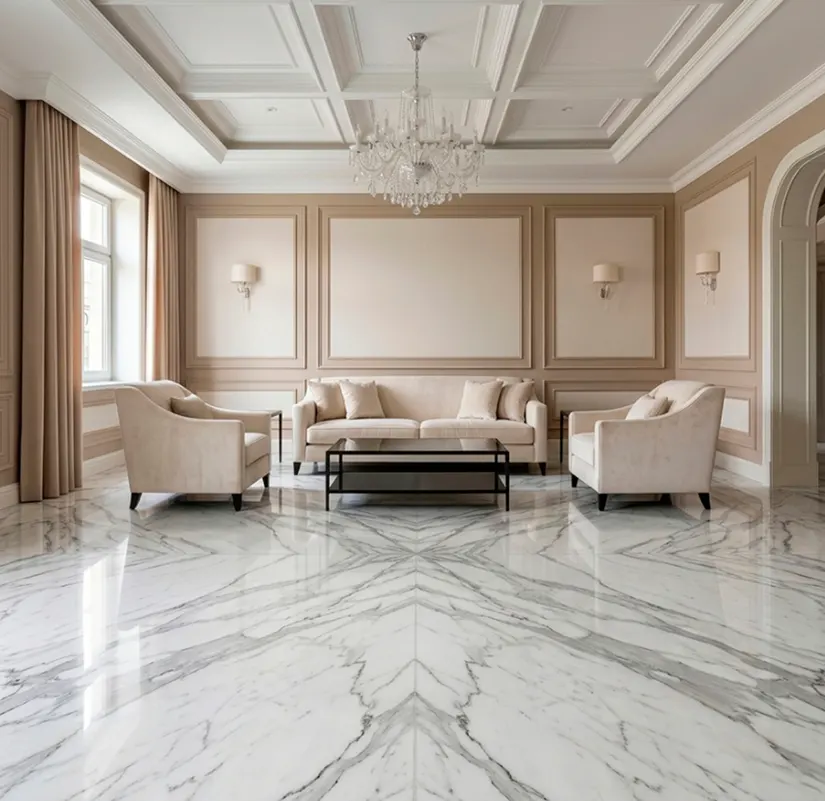 Statuario marble flooring installation showing large format slabs being laid