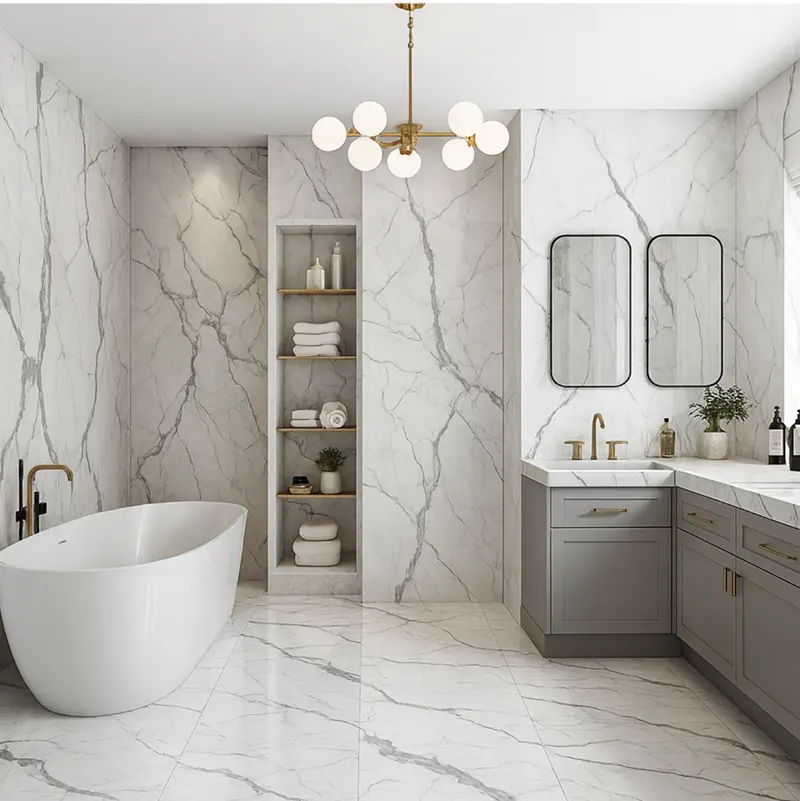 Side by side comparison of Statuario and Calacatta marble slabs