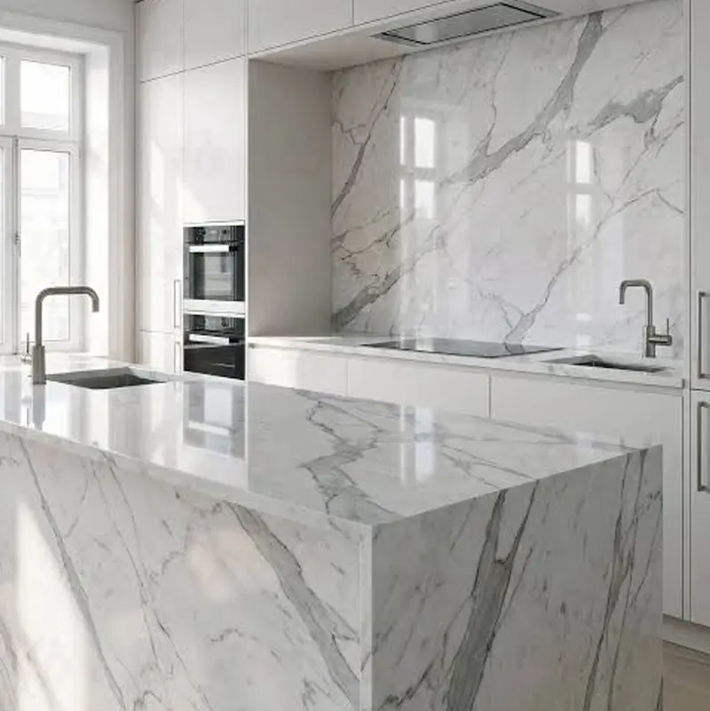 Statuario marble kitchen countertop and island in a modern premium interior