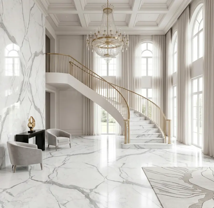 Statuario marble slabs being prepared for installation on a construction site
