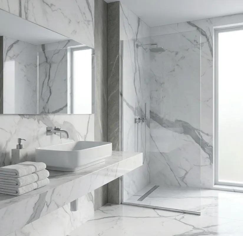 Statuario marble slab finishes comparison showing polished and honed surfaces